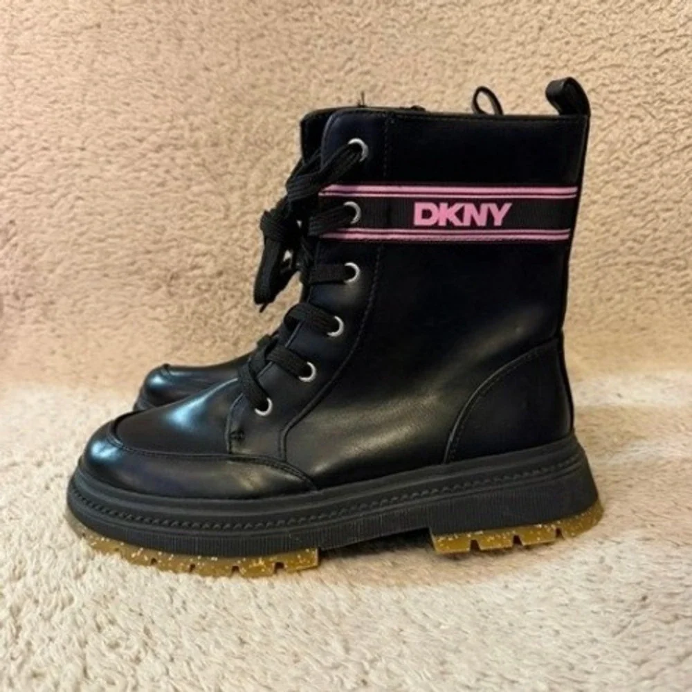 DKNY Combat Boots Kids Girls Size 3 Black Pink Logo Strap DKN1340-1FF NEW